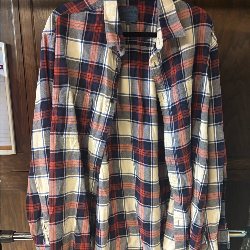 Lucky Brand Men's Checkered Shirt - Blue, Orange and Cream